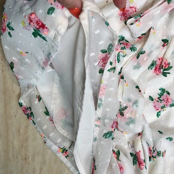 Topshop Floral Rose Swiss Dot Bardot Long Ruffle Sleeve Cold Shoulder Romper 6 - Picture 7 of 13